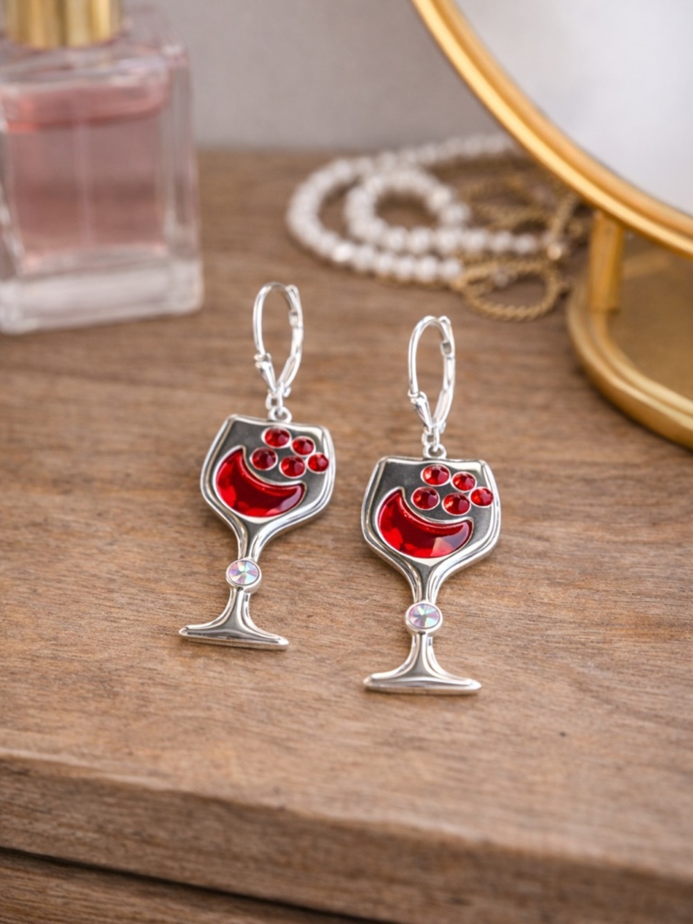 Handcrafted wine glass earrings with sparkly bright red crystal - Picture 3 of 5